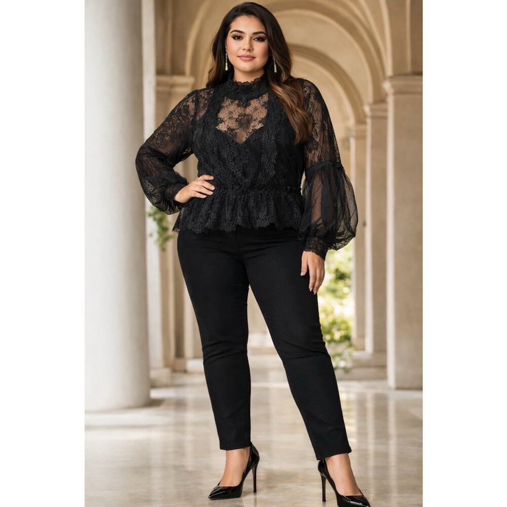 Audrey Lane Black Sheer Lace Gothic Blouse 1X Victorian Coquette Ballon Sleeves
